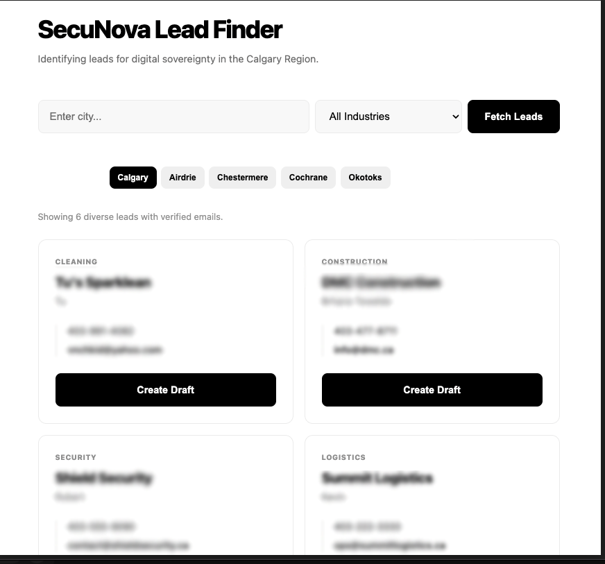 SecuNova Lead Finder Interface
